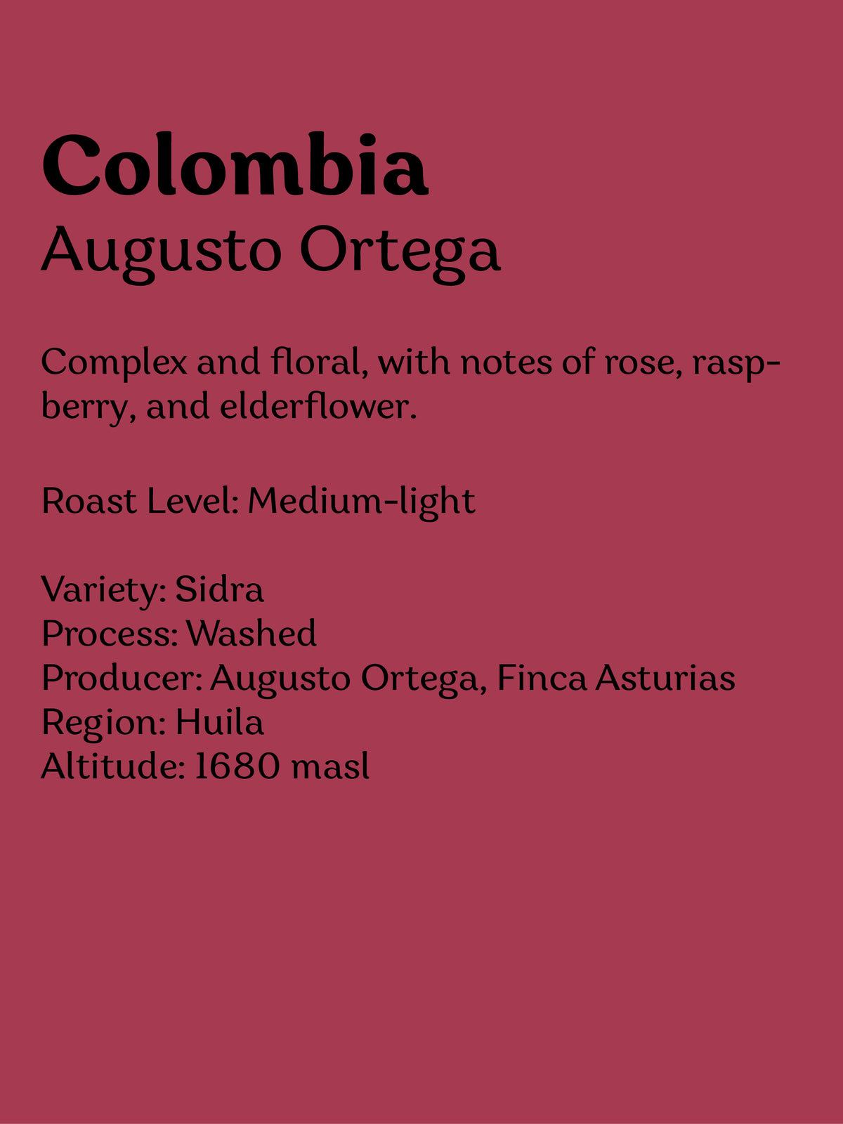 Colombia Augusto Ortega Sidra coffee bag by Wadi Coffee Roasters, featuring vibrant label design and rich coffee details.