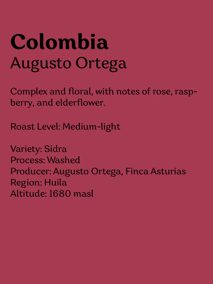 Colombia Augusto Ortega Sidra coffee bag by Wadi Coffee Roasters, featuring vibrant label design and rich coffee details.