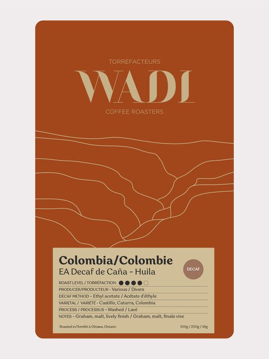 Colombia EA Decaf de Caña coffee bag by Wadi Coffee Roasters, Huila region, showcasing the decaffeinated coffee packaging.