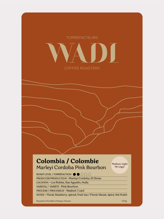 Colombia Marleyi Córdoba Pink Bourbon coffee beans from Wadi Coffee Roasters, showcasing fresh pink bourbon coffee in a bag.