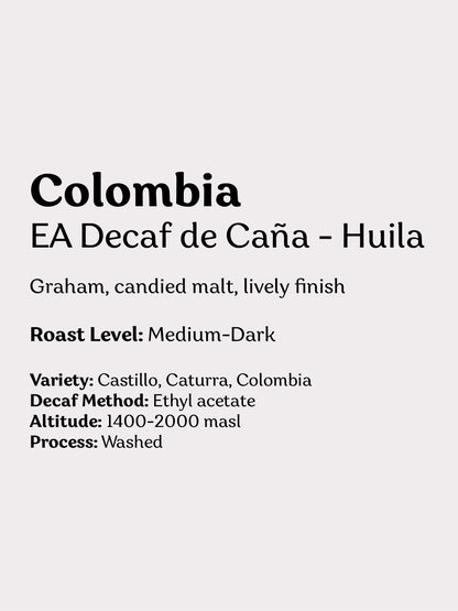Colombia EA Decaf de Caña coffee bag from Wadi Coffee Roasters, showing the packaging for Colombia Decaf coffee in Huila region.