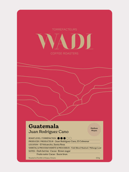 Wadi Coffee Roasters Guatemala El Colmenar coffee bag with vibrant label and rich brown coffee beans in the background.