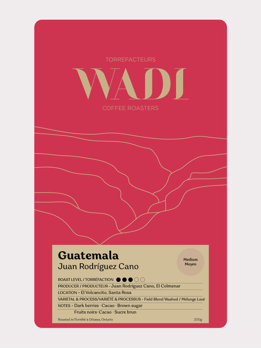 Wadi Coffee Roasters Guatemala El Colmenar coffee bag with vibrant label and rich brown coffee beans in the background.