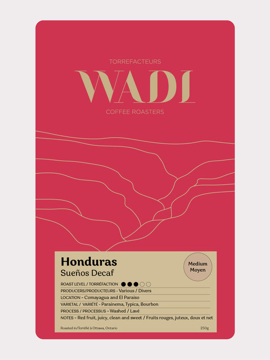 Honduras Sueños Decaf coffee bag by Wadi Coffee Roasters, featuring a modern design and rich Honduras coffee branding.