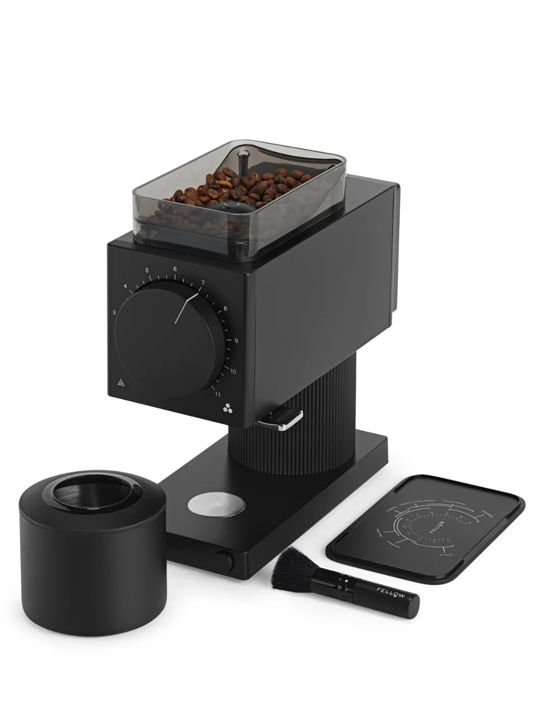 Fellow Ode Brew Grinder Gen 2.0 in matte black with angle brush, compact coffee grinder for precise brewing from Wadi Coffee Roasters