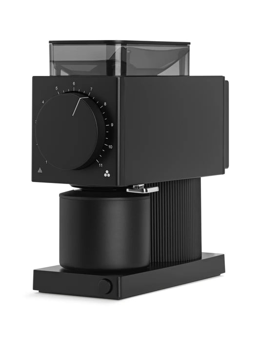 Fellow Ode Brew Grinder (Gen 2.0) in matte black, angled view highlighting its sleek design and modern coffee grinder features.