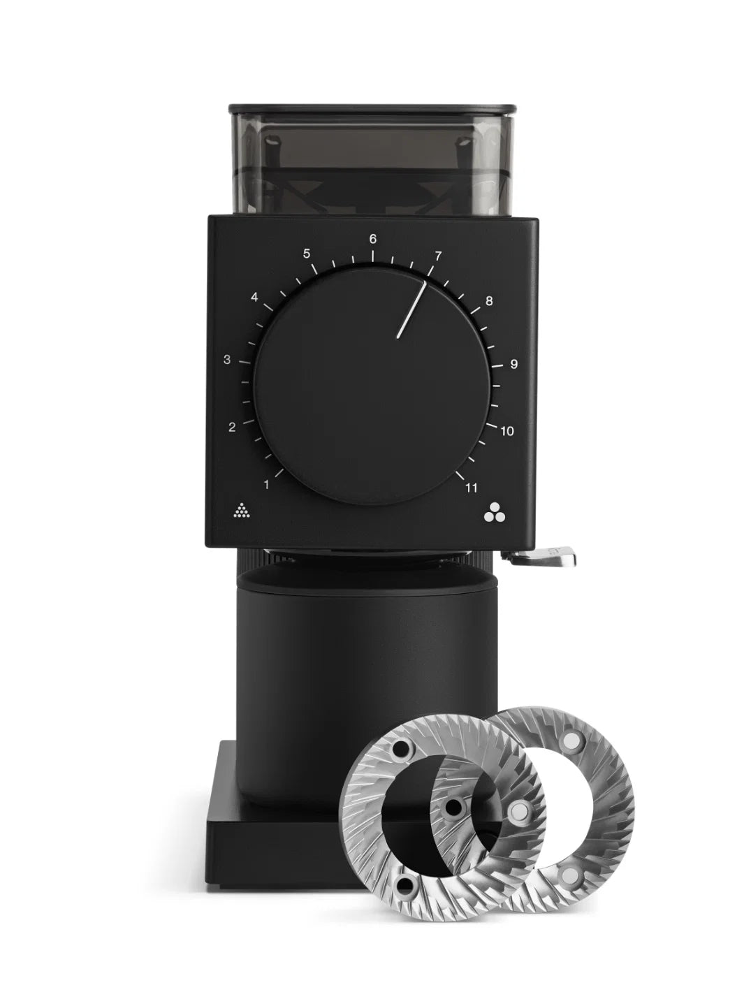 FELLOW Ode Brew Grinder Gen 2.0 in matte black, showing its sleek design and compact size for precise coffee grinding.