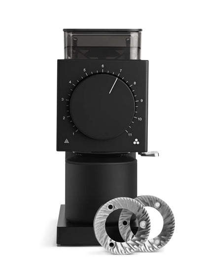 FELLOW Ode Brew Grinder Gen 2.0 in matte black, showing its sleek design and compact size for precise coffee grinding.